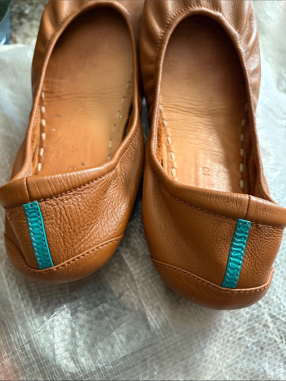 Tieks Brown Leather Ballet Flats with Teal Heel Tab - Picture 2 of 3